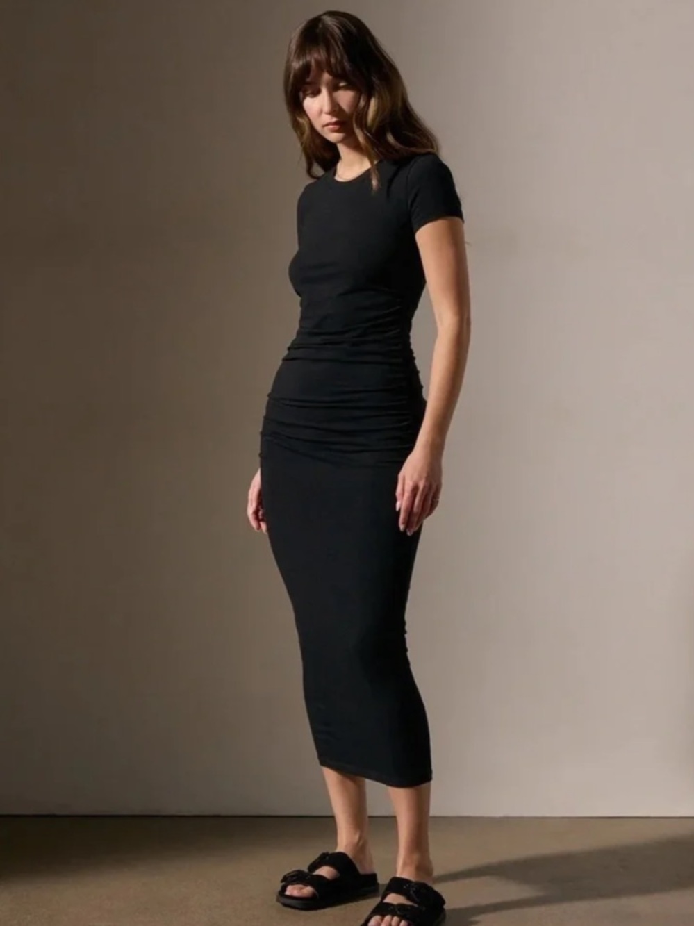 James Perse black ruched midi dress size Medium